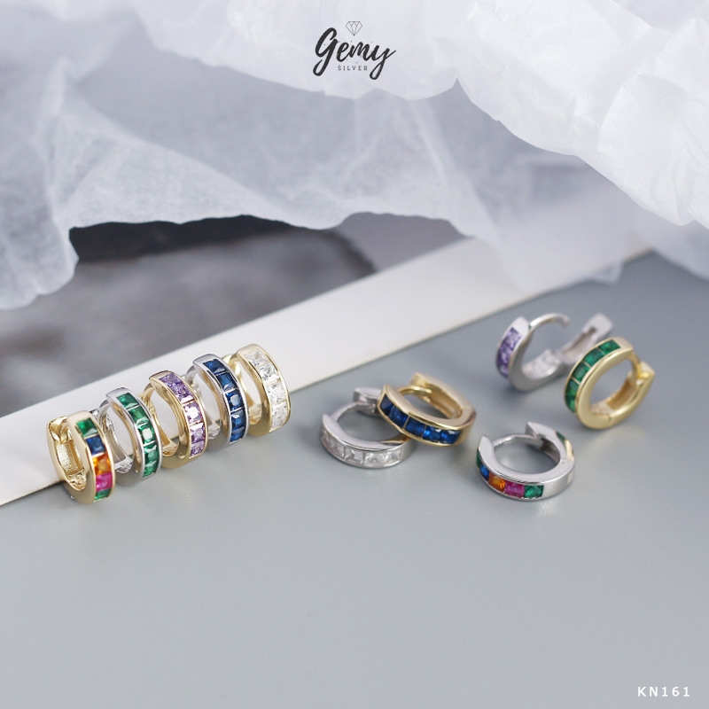 Khuyên tai nam bạc 925 hoa tai đá tròn Form nhỏ nhiều màu basic KN161 (1 chiếc)  | GEMY SILVER