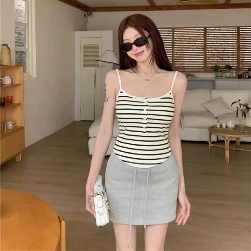 Áo Hai Dây Nữ BABEE Ôm Dáng Thiết Kế Vạt Bầu Màu Trơn Thời Trang Chất Thun Co Giãn Thoáng Mát Mùa Hè