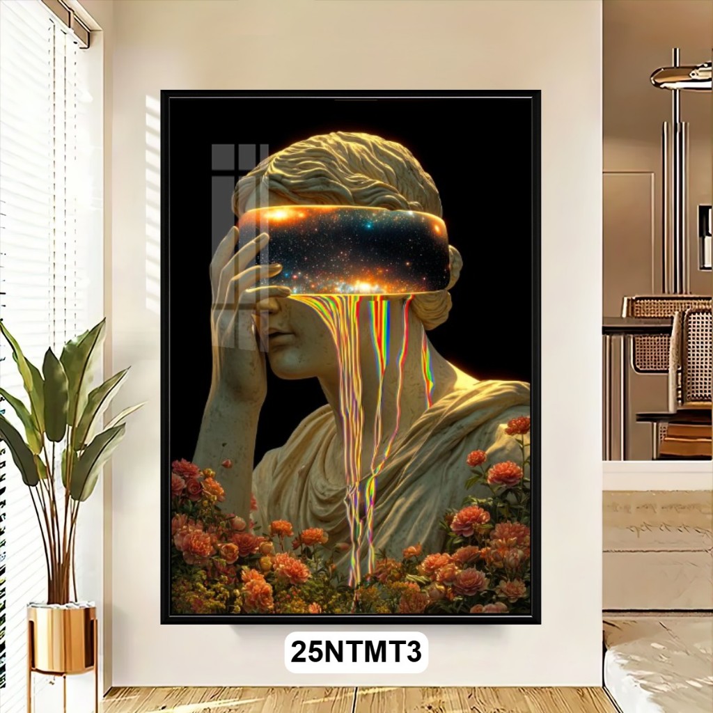 Tranh Nghệ Thuật Siêu Thực Tương Lai Tráng Gương Có Khung – Hình Tượng Con Người Và Vũ Trụ, Decor Phòng Khách Hiện Đại
