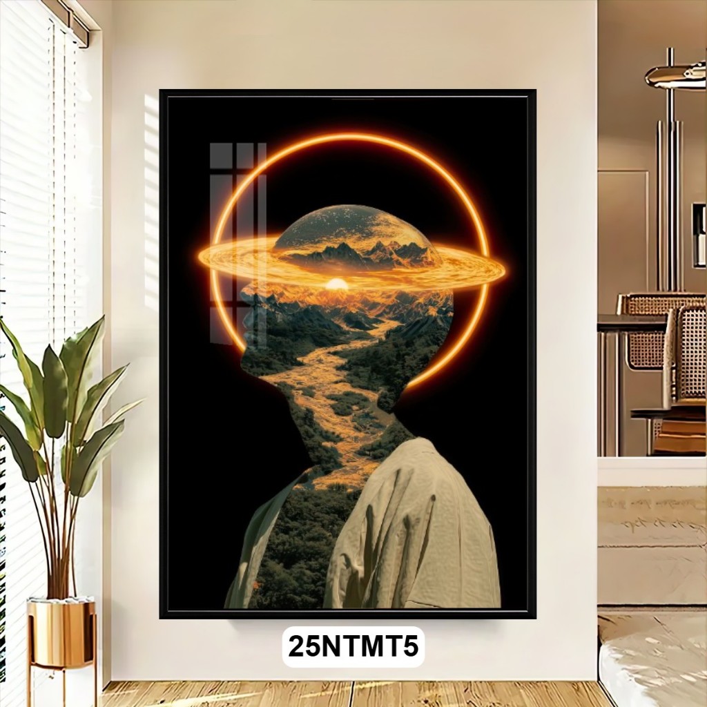 Tranh Nghệ Thuật Siêu Thực Tương Lai Tráng Gương Có Khung – Hình Tượng Con Người Và Vũ Trụ, Decor Phòng Khách Hiện Đại
