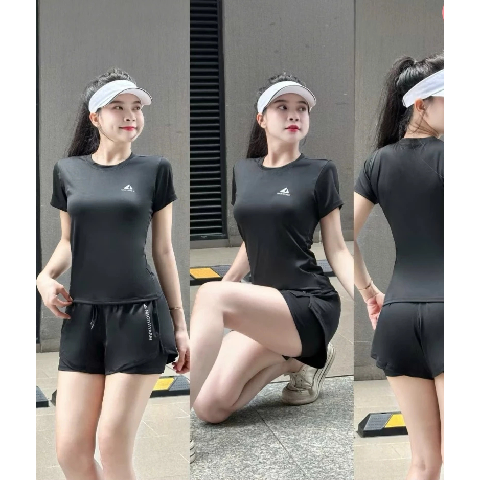Bộ tập thể thao nữ, quần 2 lớp có túi áo cộc chất thun co dãn, Pickleball, chạy bộ, erobic...