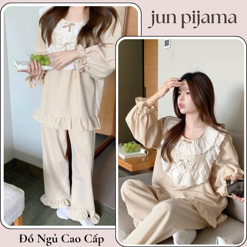 Đồ ngủ nữ, bộ pijama nữ dài tay họa tiết trơn phối ren cổ bèo dễ thương cho nàng diện JUN HCOM26755