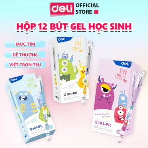 Hộp 12 bút bi nước học sinh mực gel xanh đen tím 0.5mm Deli nhanh khô có đệm tay viết đều trơn tru