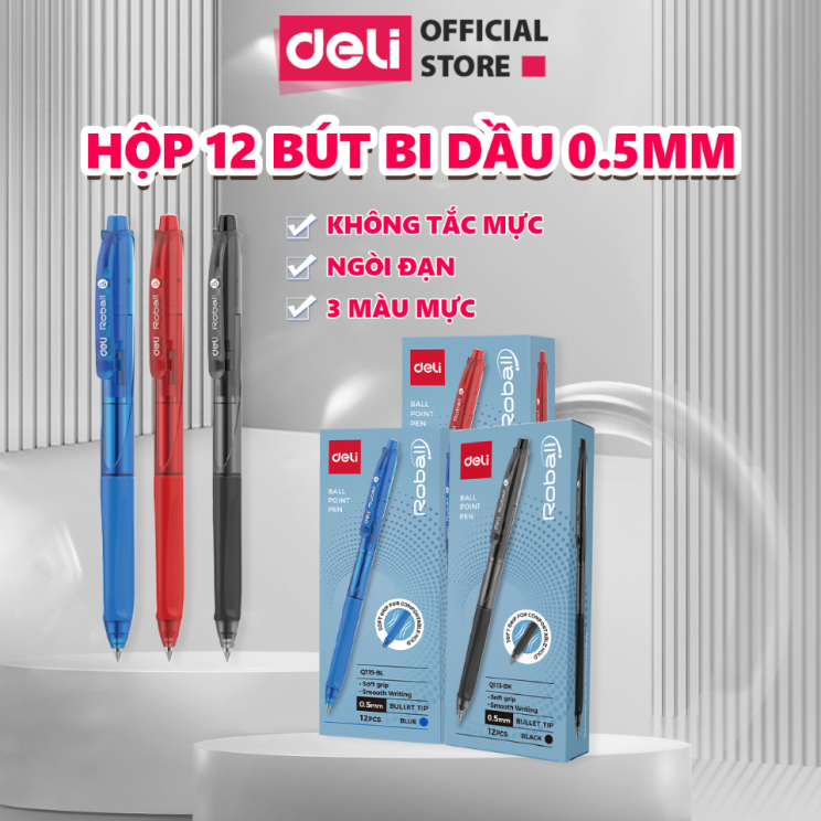Hộp 12 Chiếc Bút Bi Bấm Deli Viết Bi Ngòi 0.5mm Mực Xanh Đen Đỏ Mực Đều Viết Đẹp Trơn Tru Không Tắc