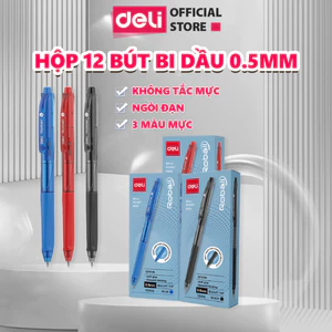 Hộp 12 Chiếc Bút Bi Bấm Deli Viết Bi Ngòi 0.5mm Mực Xanh Đen Đỏ Mực Đều Viết Đẹp Trơn Tru Không Tắc