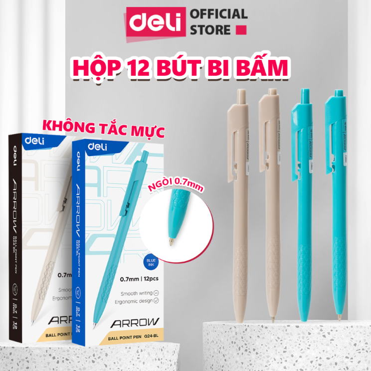 Hộp 12 Bút Bi Bấm Deli Văn Phòng Mực Xanh Đen Giá Rẻ Chất Lượng Ngòi 0.7mm Viết Đều Trơn Tru Học Sinh