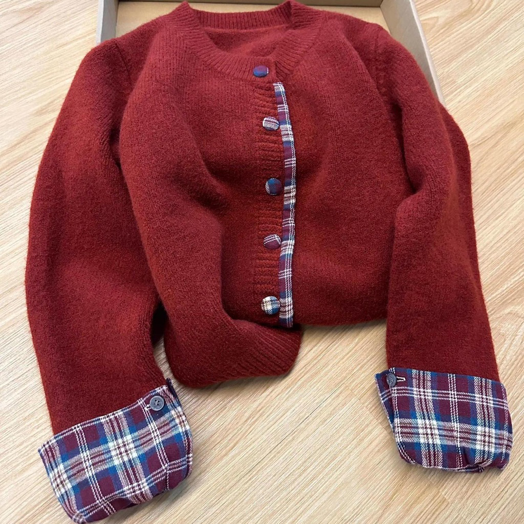 Áo Len Phối Kẻ Cổ Tròn Nữ Thu Đông, Chất Len Mềm Mịn, 2 Màu Xám/Đỏ Đô – Size S→XL