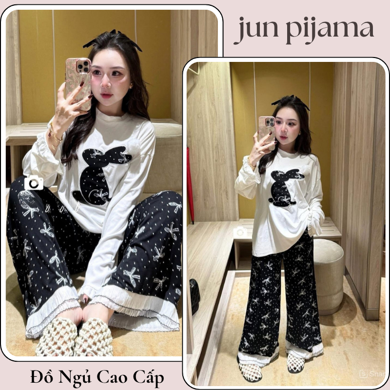 Set đồ nữ, bộ mặc nhà nữ dài tay thu đông áo thun họa tiết mix quần suông gấu ren điệu đà JUN HCOM26782