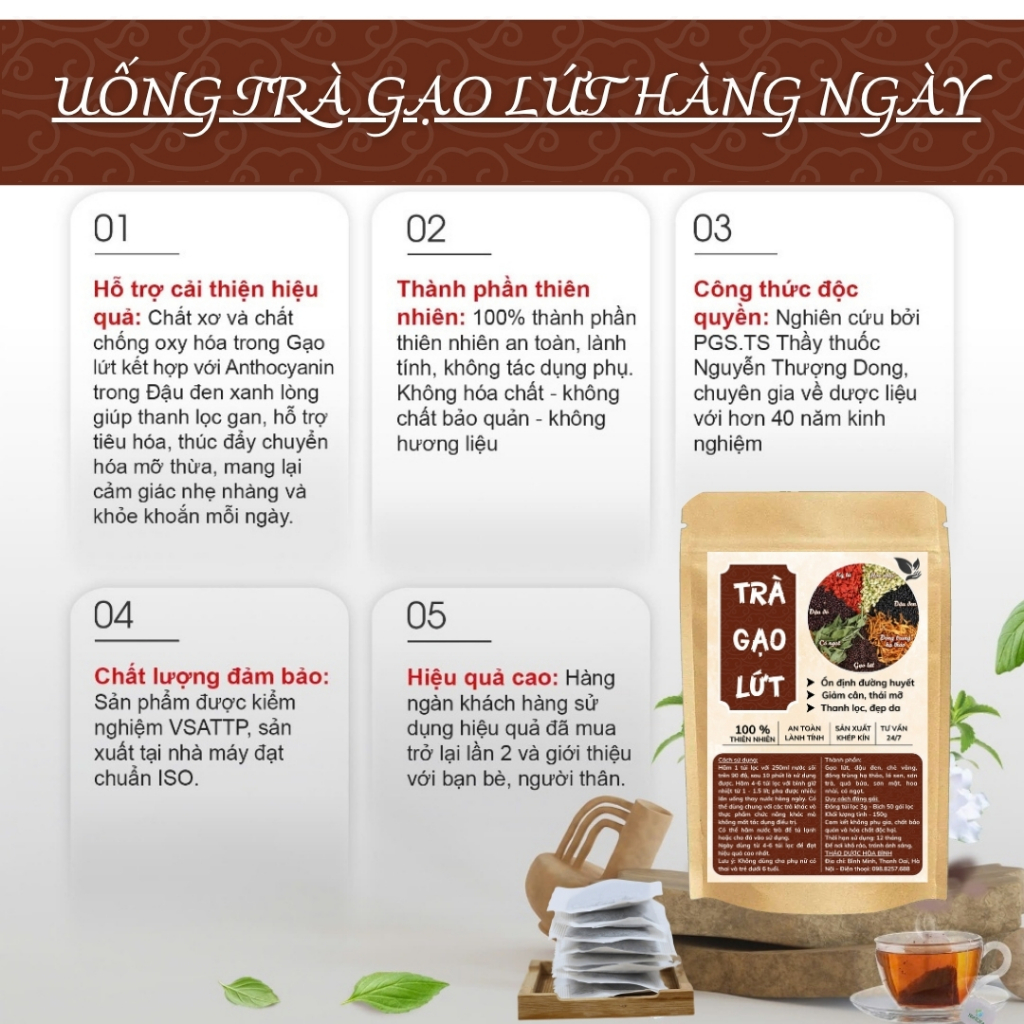 HÒA BÌNH ORGANIC -Trà Túi Lọc Gạo Lứt Ngũ Vị- Thanh nhiệt, Thanh lọc, Giảm cân - Bịch 50 lọc