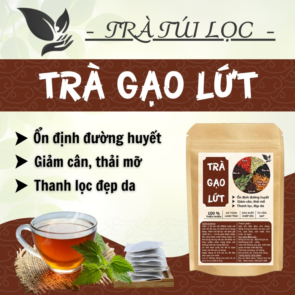 HÒA BÌNH ORGANIC -Trà Túi Lọc Gạo Lứt Ngũ Vị- Thanh nhiệt, Thanh lọc, Giảm cân - Bịch 50 lọc