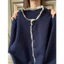 -Áo Len Mỏng Phối Ren Cổ Tròn Nữ Thu Đông, Form Rộng Dễ Thương – Màu Xanh Than, Size S→2XL (40–80kg)
