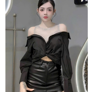 Sơ Mi Thiết Kế Trễ Vai Phối Lưới ĐÁ SÁNG Bling Bling Hót Chảnh