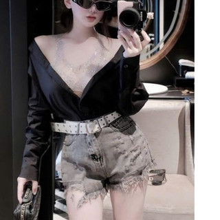 Sơ Mi Thiết Kế Trễ Vai Phối Lưới ĐÁ SÁNG Bling Bling Hót Chảnh