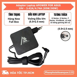 Sạc Laptop APOWER For ASUS 19V-3.42A/4.7A(Đầu Kim Lớn 5.5mmx2.5mm) – Adapter Tương Thích Laptop ASUS