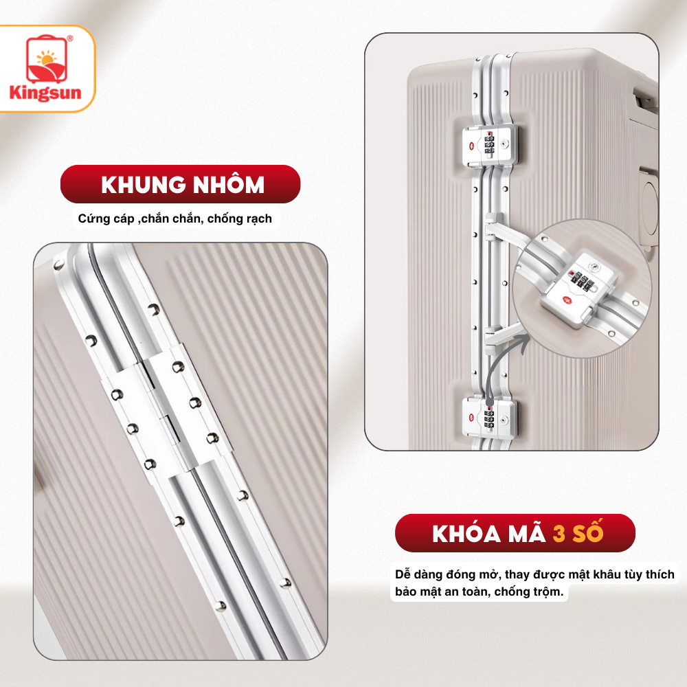 Vali Khung Nhôm Khóa Sập 2512 Kingsun Size 20/24/28 Cao Cấp Bảo Hành 5 Năm
