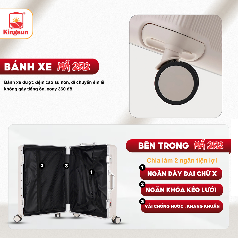 Vali Khung Nhôm Khóa Sập 2512 Kingsun Size 20/24/28 Cao Cấp Bảo Hành 5 Năm