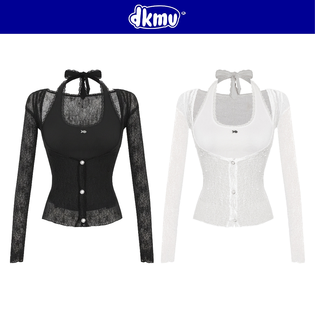 Set áo cổ yếm kèm áo khoác ren DKMV cổ thắt dây nơ xinh xắn áo ren ôm ...