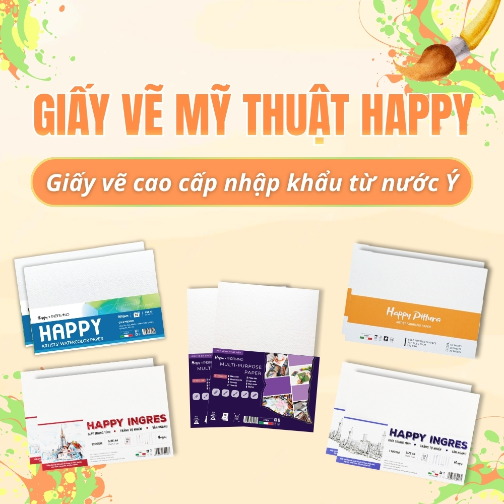 Giấy Vẽ Màu Nước, bt, gouache, acrylic HAPPY vân Cold 300gsm & S Lò xo 250gsm SALE