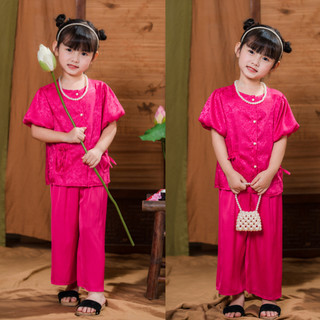 Áo bà ba cho bé gái chất gấm lụa vân nổi cao cấp, Bộ bà ba tay bồng phối nơ cho bé chơi Trung Thu, Hội Trăng BB5-BIATON