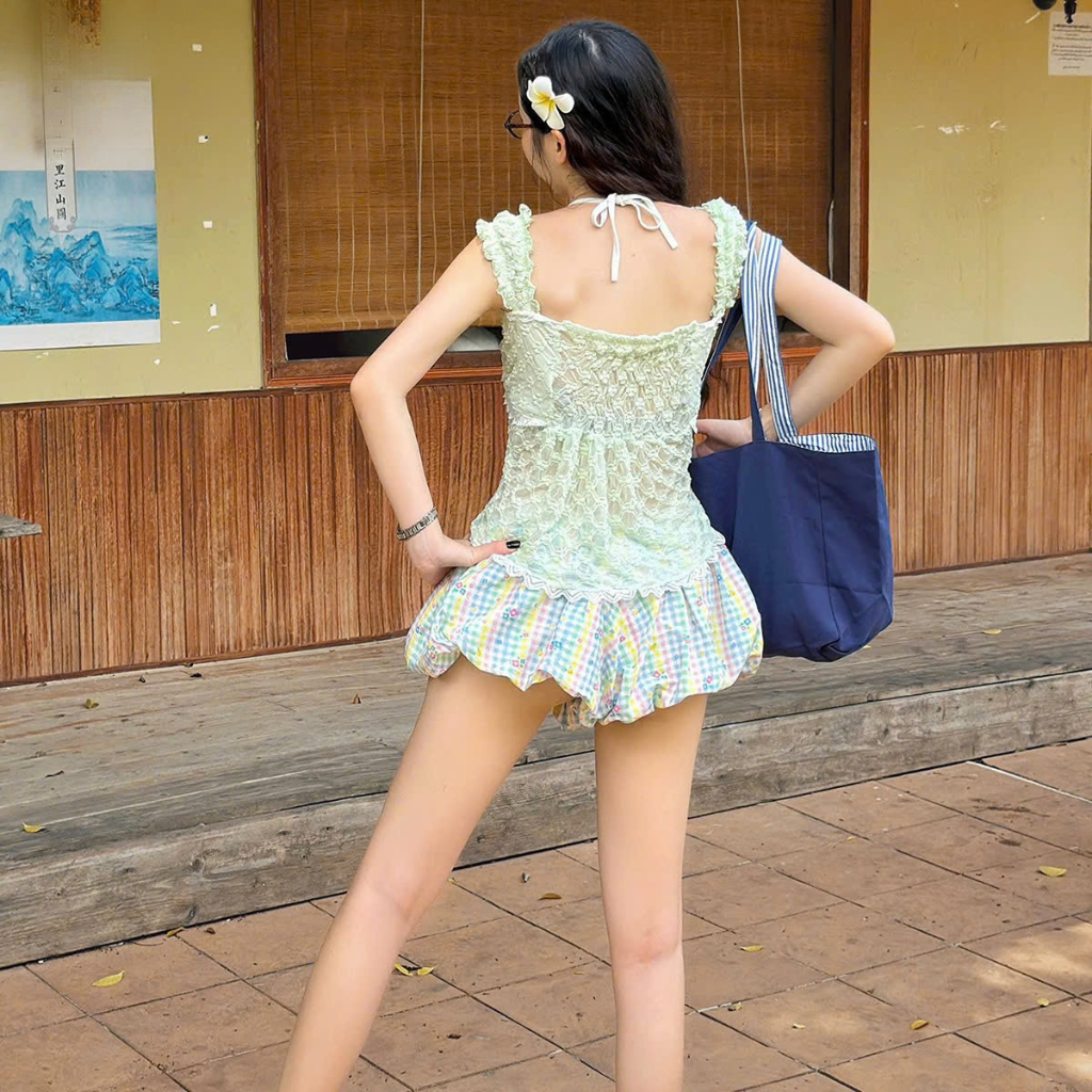 Áo Kiểu Nữ BABEE 2 Dây Bản To Cổ Vuông Có Dây Cột Chất Ren Bèo Nhún Phong Cách Tiểu Thư Sang Chảnh