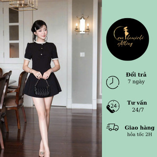 Đầm nữ xòe ngắn công sở tiểu thư tay bồng phối viền trắng nơ ngực Eva hamichi