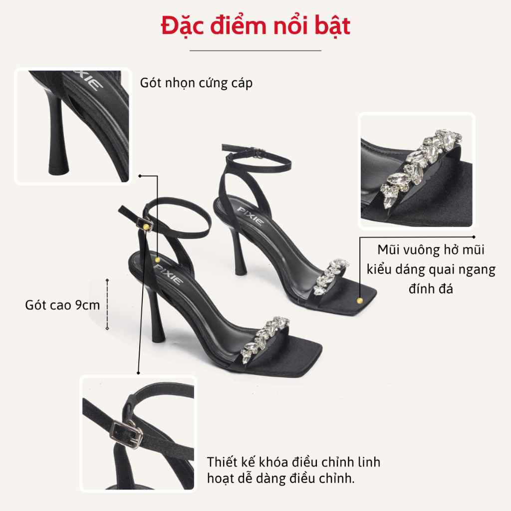 Giày Sandal Cao Gót 9cm Quai Đính Đá Pixie E156