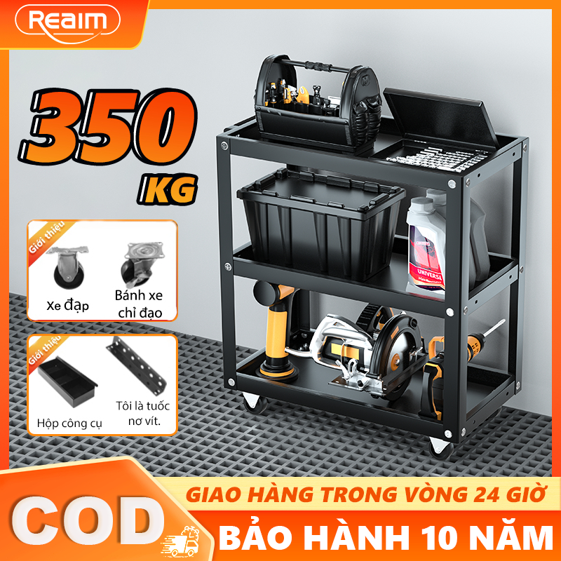 Reaim Xe đẩy 3 tầng dụng cụ có tay cầm và bánh xe xoay Chịu tải nặng Chống gỉ
