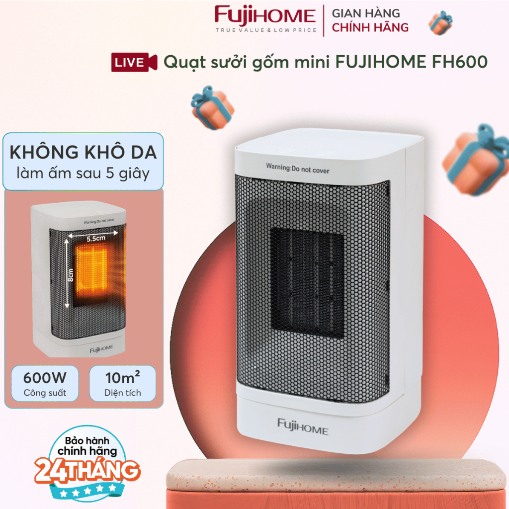 Quạt Sưởi Gốm FUJIHOME FH600 Nhập Khẩu, Máy Sưởi Bảo Vệ An Toàn Tự Ngắt Quá Nhiệt Đảo Gió Tự Động Chống Khô Da