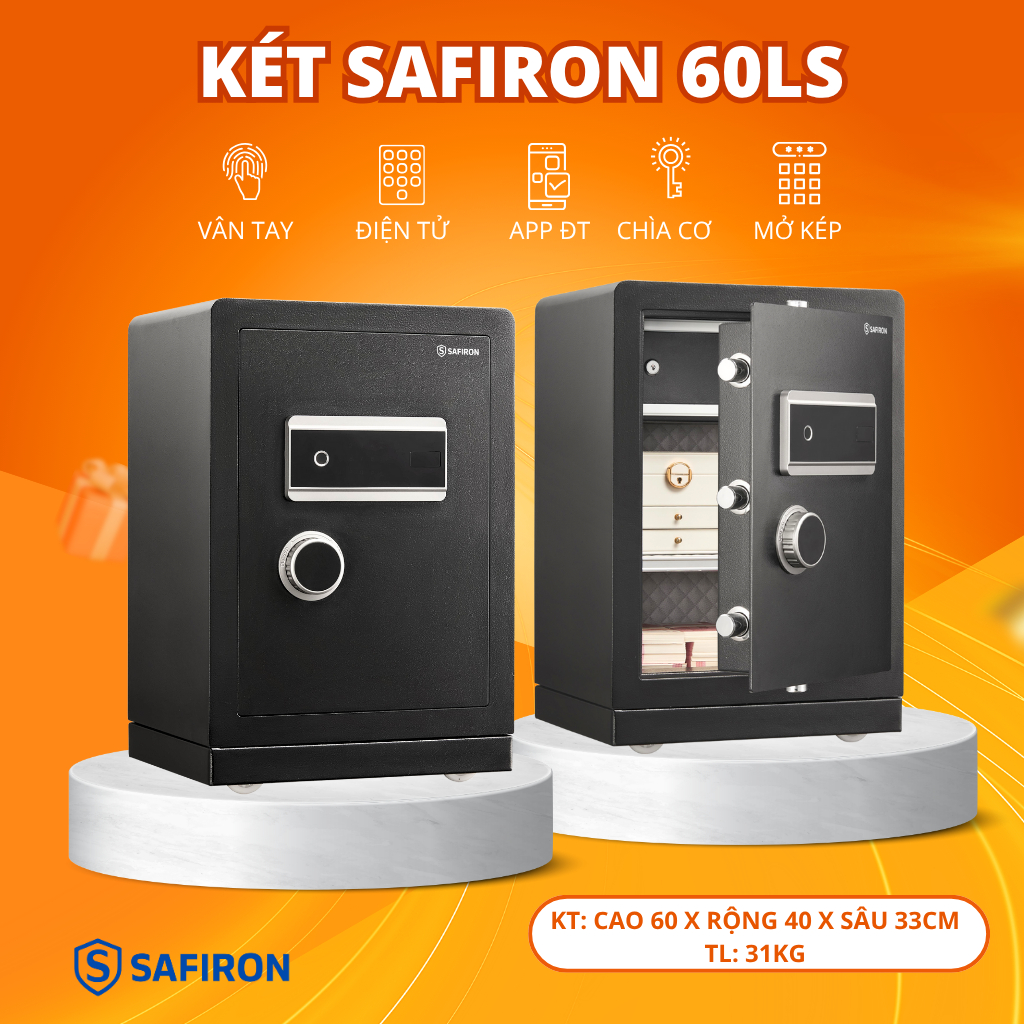 [BH 6 NĂM] Két Sắt Thông Minh Safiron 60LS Kết Nối APP Điện Thoại