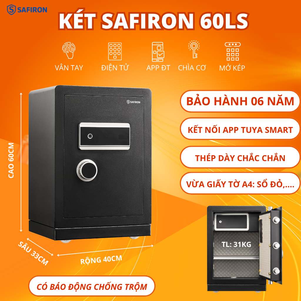 [BH 6 NĂM] Két Sắt Thông Minh Safiron 60LS Kết Nối APP Điện Thoại