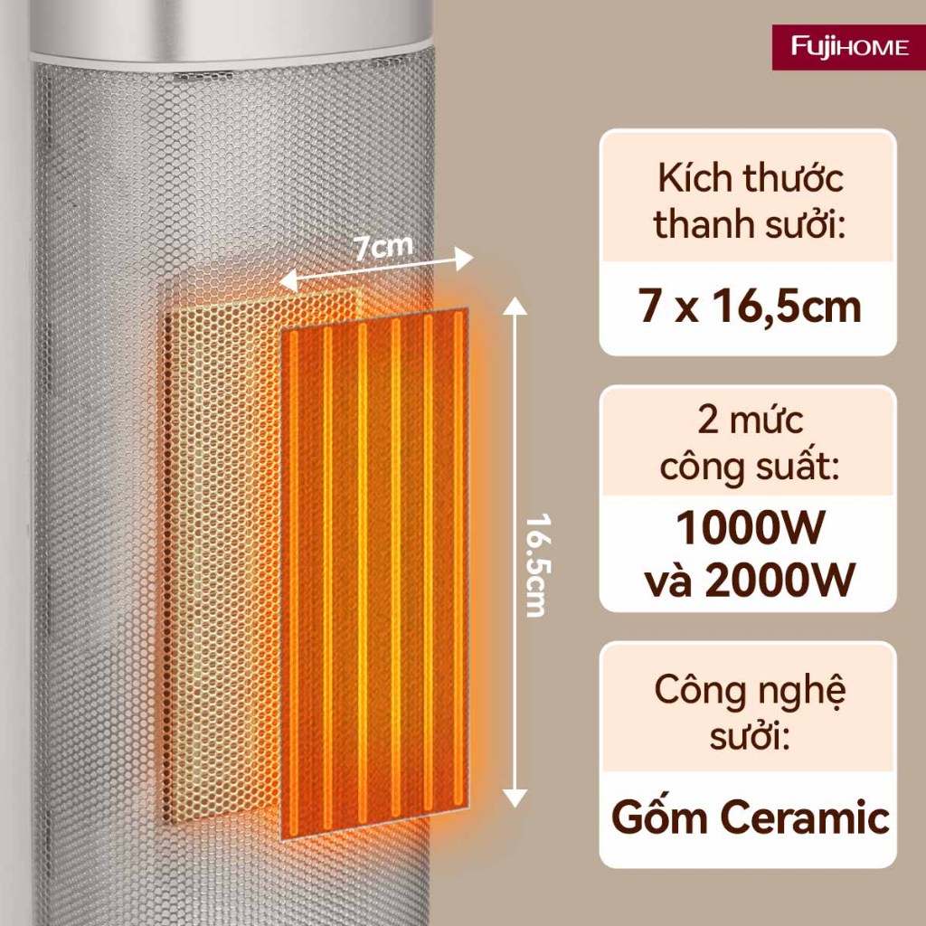 Máy Sưởi Gốm Ceramic Nhập Khẩu FUJIHOME 2000W FH3100, quạt sưởi không đốt oxy làm ấm cực nhanh, heater phòng ngủ