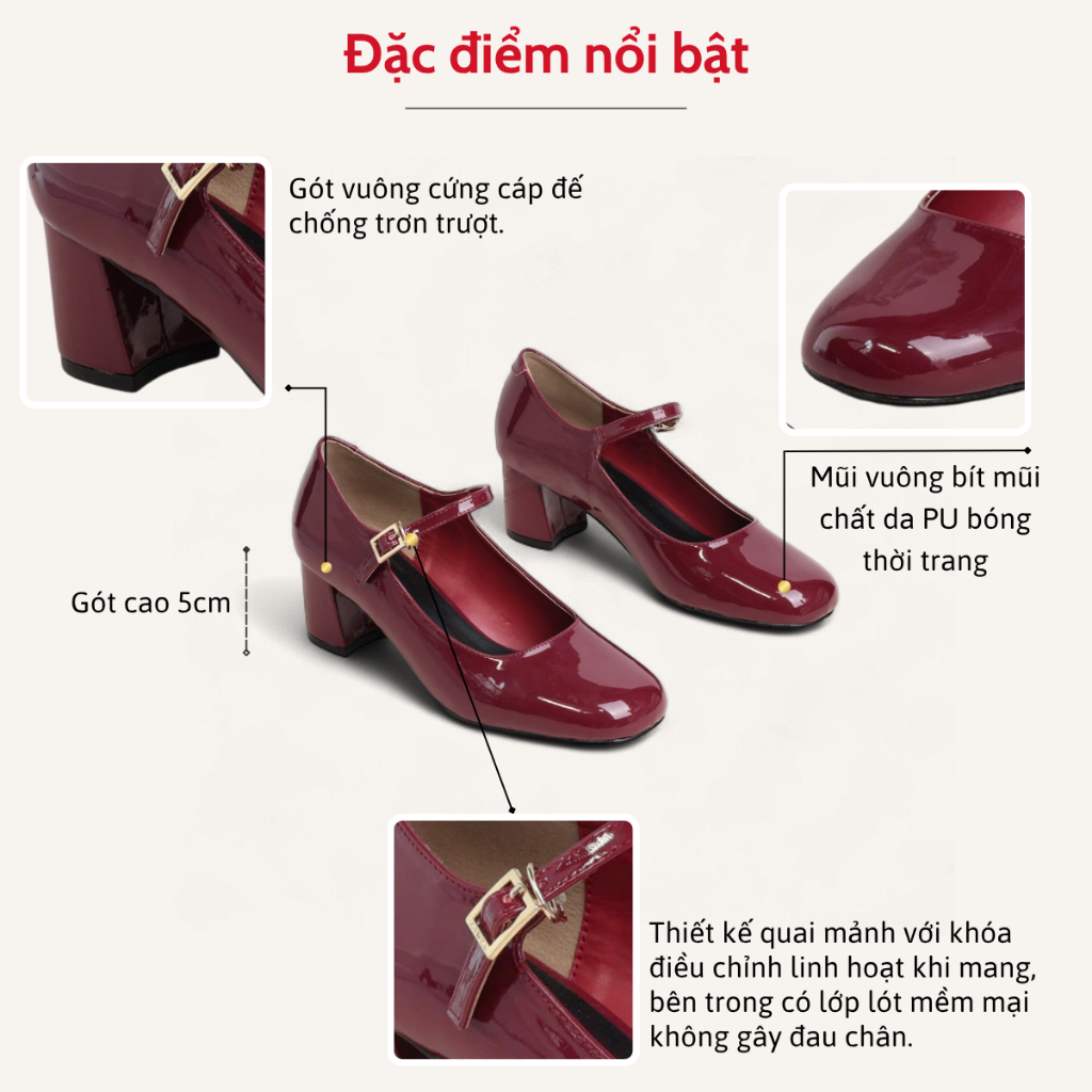 Giày Mary Jane 5cm Da Bóng Mũi Vuông Pixie H386