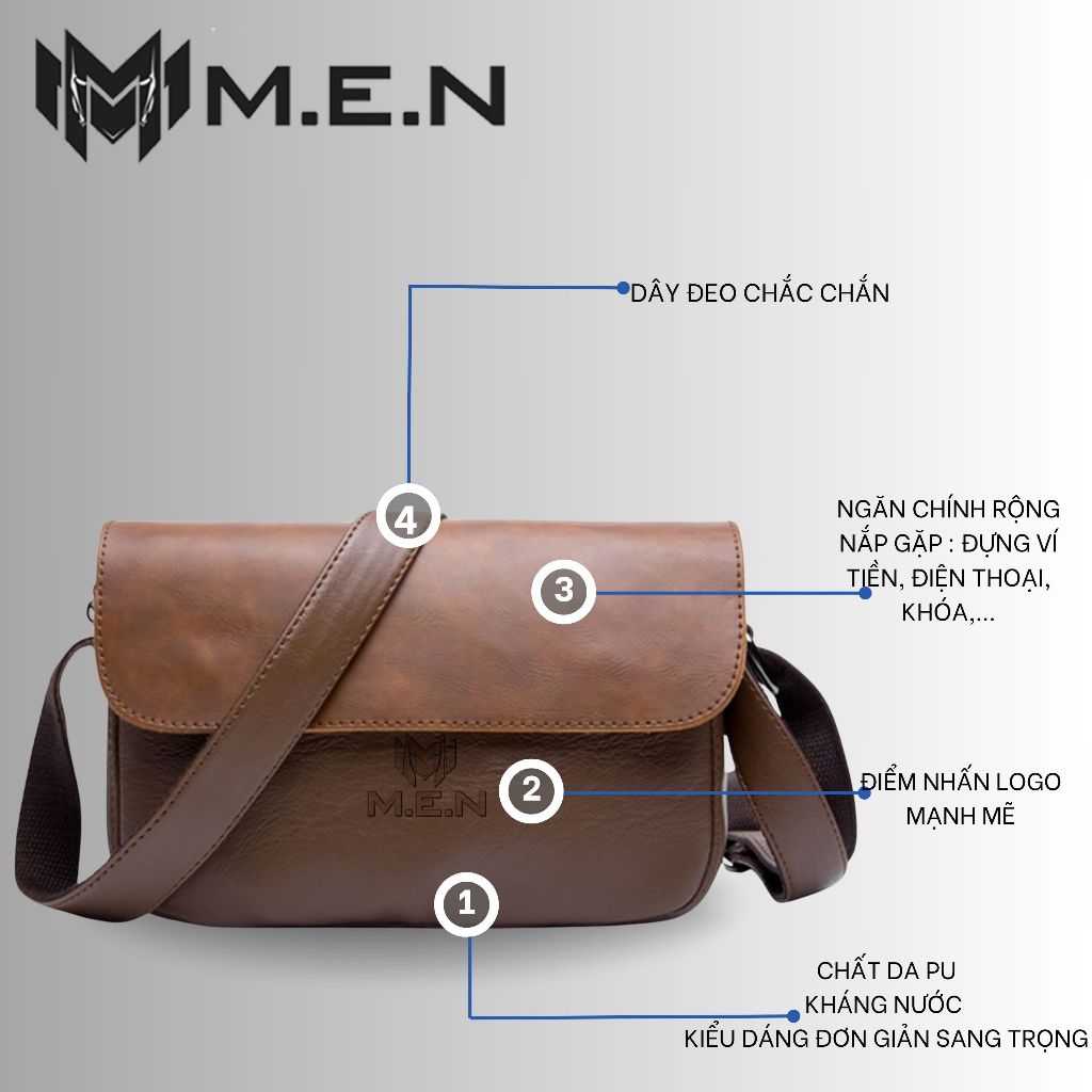 Túi đeo chéo M.E.N da kiểu trơn Plaine nâu đen {THIẾT KẾ MỚI]