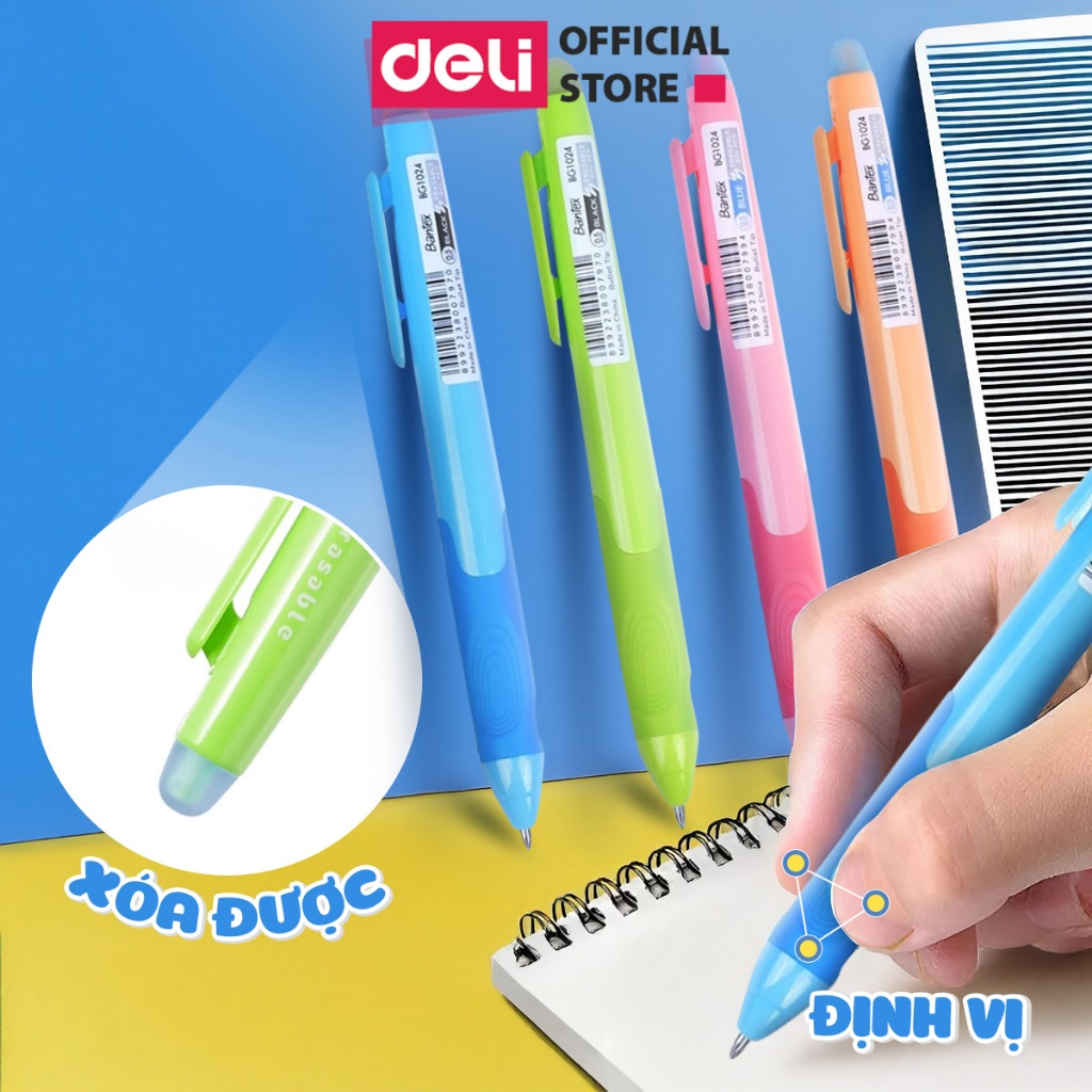 Combo Bút Gel Định Vị Xóa Được Deli Ngòi 0.5mm Mực Đen/Xanh Màu Sắc Đa Dạng Bút Gel Trơn Tru Nhanh Khô Thiết Kế Đầu Bấm