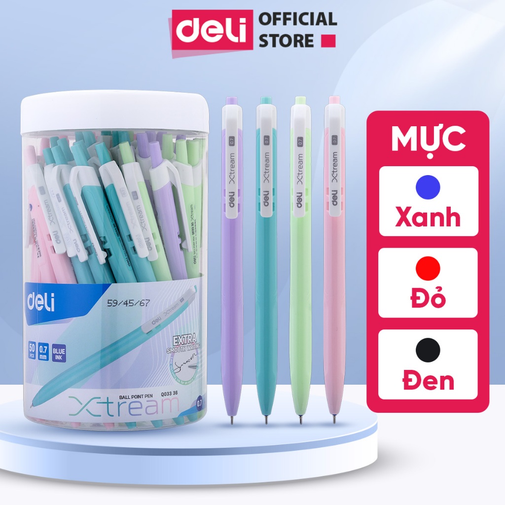 [Hộp 50] Bút bi bấm mực Xanh/Đỏ/Đen ngòi 0.7mm Deli giá rẻ viết nét đều trơn tru học sinh văn phòng