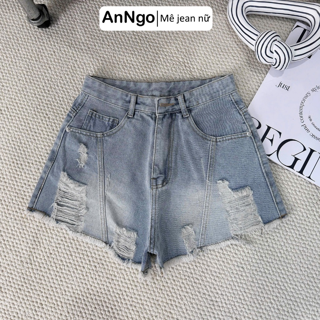 (Có big size) Quần short jean nữ lưng cao ống rộng rách gối, chất jean denim không giãn cá tính Anngo - AT552