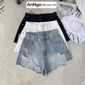 Quần short jean nữ lưng cao ống rộng rách gối, chất jean denim không giãn cá tính Anngo - AT552