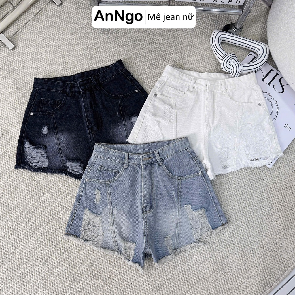 (Có big size) Quần short jean nữ lưng cao ống rộng rách gối, chất jean denim không giãn cá tính Anngo - AT552
