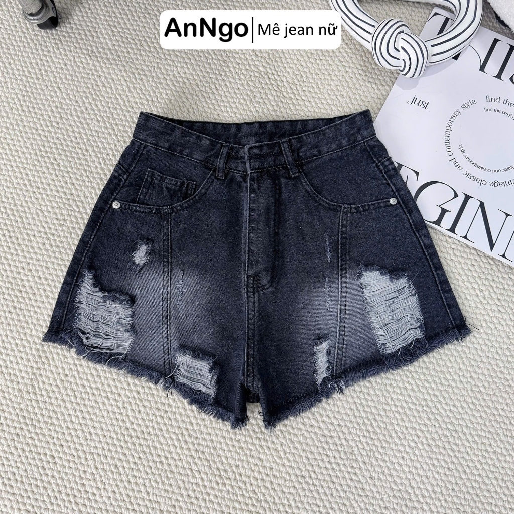 (Có big size) Quần short jean nữ lưng cao ống rộng rách gối, chất jean denim không giãn cá tính Anngo - AT552