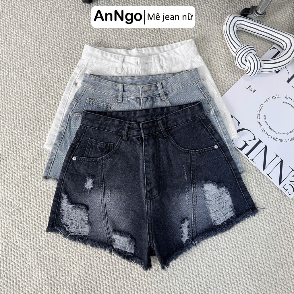 (Có big size) Quần short jean nữ lưng cao ống rộng rách gối, chất jean denim không giãn cá tính Anngo - AT552