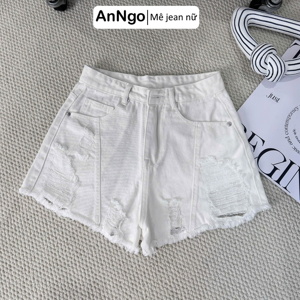 (Có big size) Quần short jean nữ lưng cao ống rộng rách gối, chất jean denim không giãn cá tính Anngo - AT552