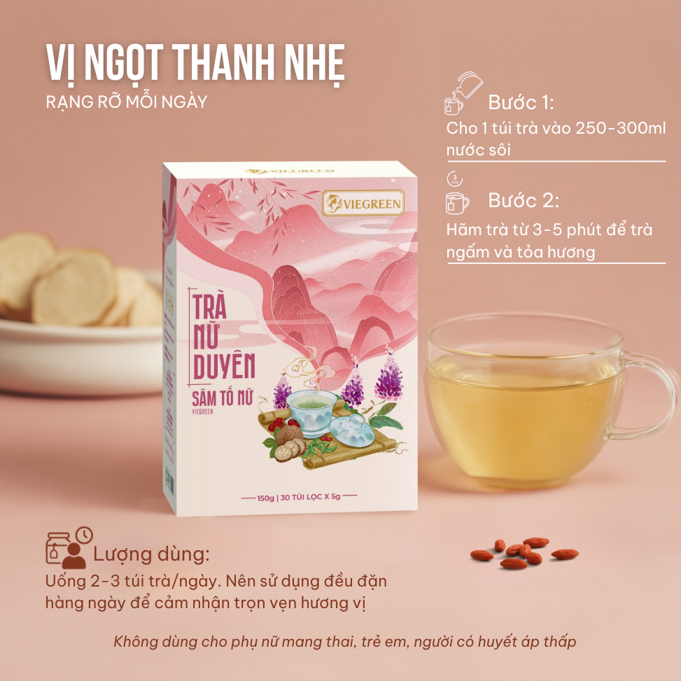 Combo 2 Hộp Trà Túi Lọc Sâm Tố Nữ 36% VIEGREEN Nữ Duyên 30 Túi x 5g, Không Đường, GMP HACCP