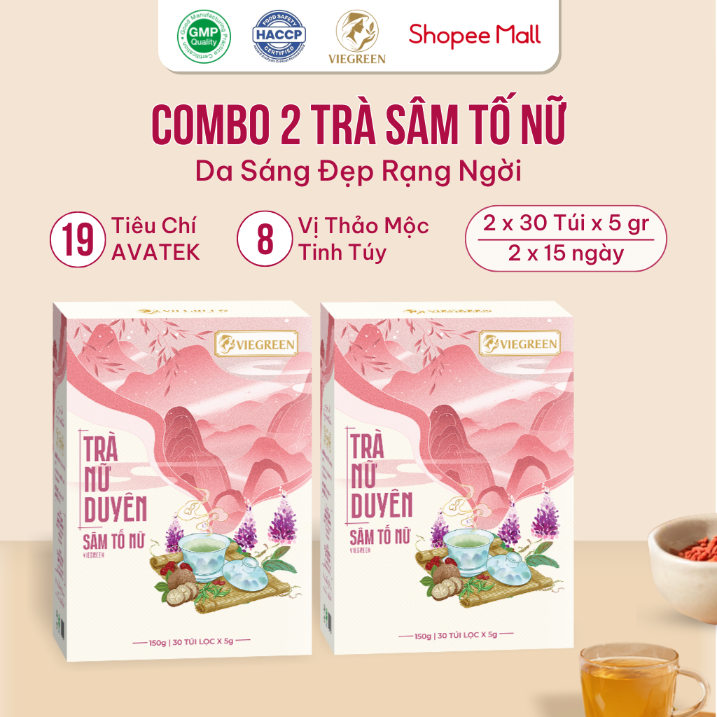 Combo 2 Hộp Trà Túi Lọc Sâm Tố Nữ 36% VIEGREEN Nữ Duyên 30 Túi x 5g, Không Đường, GMP HACCP