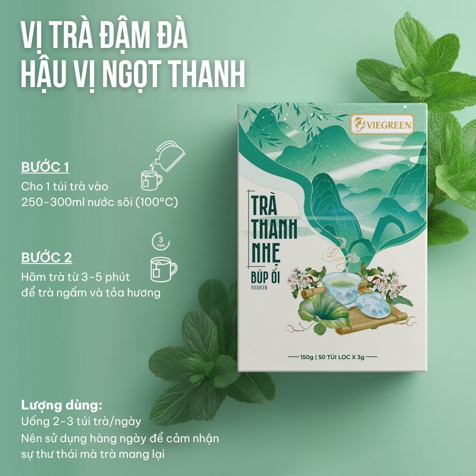 Combo 2 Hộp Trà Túi Lọc Búp Ổi 25% VIEGREEN Thanh Nhẹ 50 Túi x 3g, Lá Sả, Không Đường, GMP HACCP