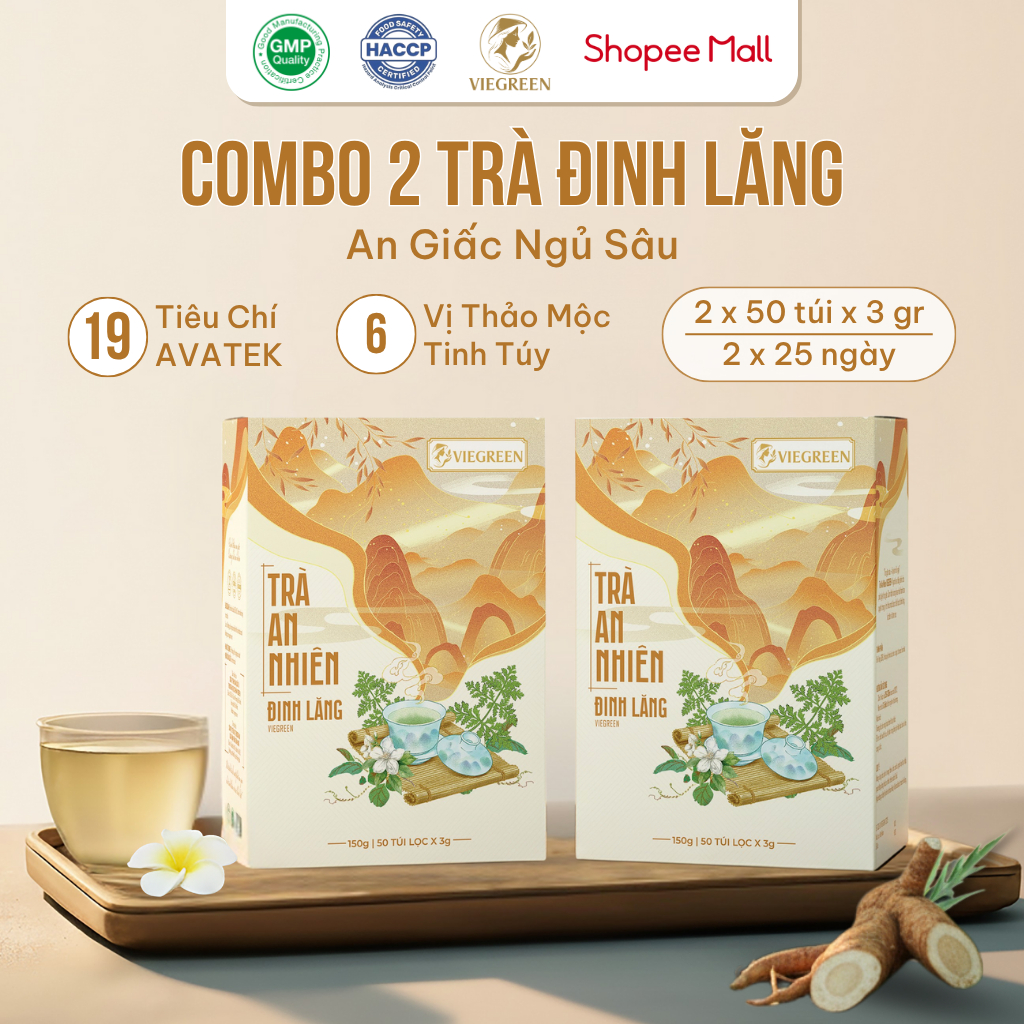 Combo 2 Hộp Trà Túi Lọc Đinh Lăng 60% VIEGREEN An Nhiên 50 Túi x 3g, Không Caffeine, Hương Nhài, GMP HACCP