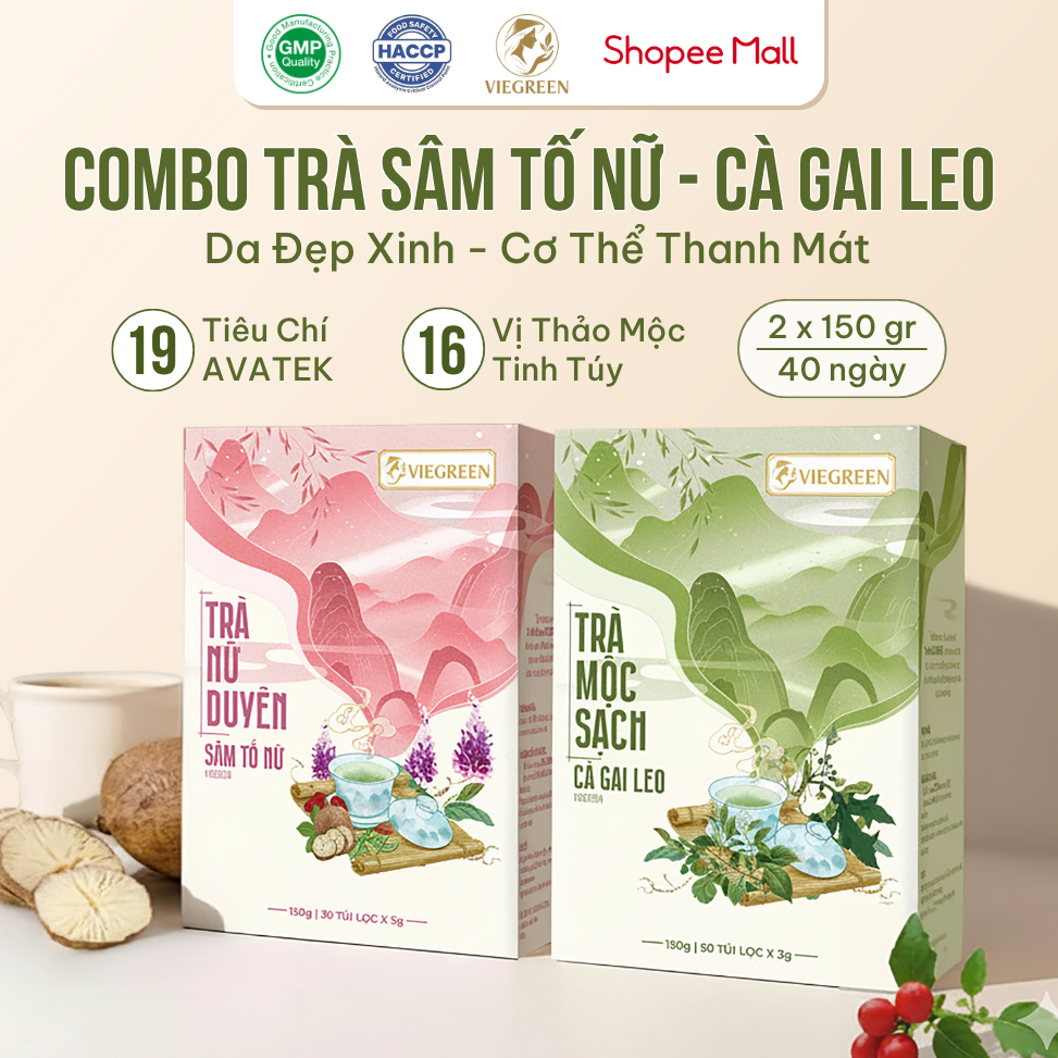 Combo 2 Trà Túi Lọc Sâm Tố Nữ + Cà Gai Leo VIEGREEN 30x5g + 50x3g, GMP HACCP