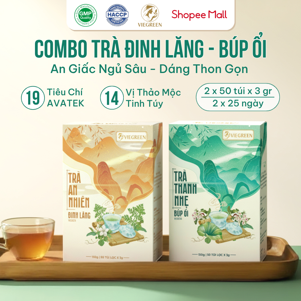 Combo 2 Trà Túi Lọc Đinh Lăng + Búp Ổi VIEGREEN 50x3g + 50x3g, GMP HACCP