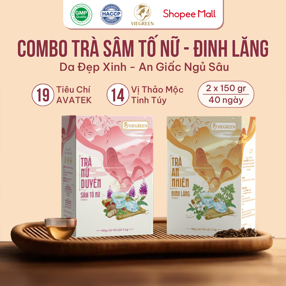 Combo 2 Trà Túi Lọc Sâm Tố Nữ + Đinh Lăng VIEGREEN 30x5g + 50x3g, GMP HACCP