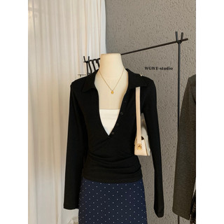 𝙥𝙝𝙞𝙚𝙣/ W7558 Áo Len Phối Giả Áo Trong Cổ Polo V Croptop