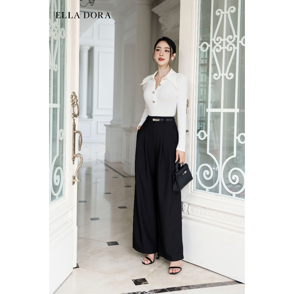 Áo thun polo ELLA DORA  thiết kế tay dài 4 cúc kim loại form gọn thanh lịch 3 màu ĐEN/ĐỎ/TRẮNG[AT47]